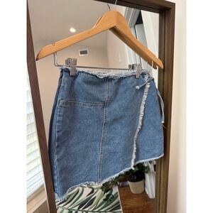 Cotton On Denim Mini Skirt‎ Wrap Frayed Hem Raw Edge Light Wash Size 2 festival